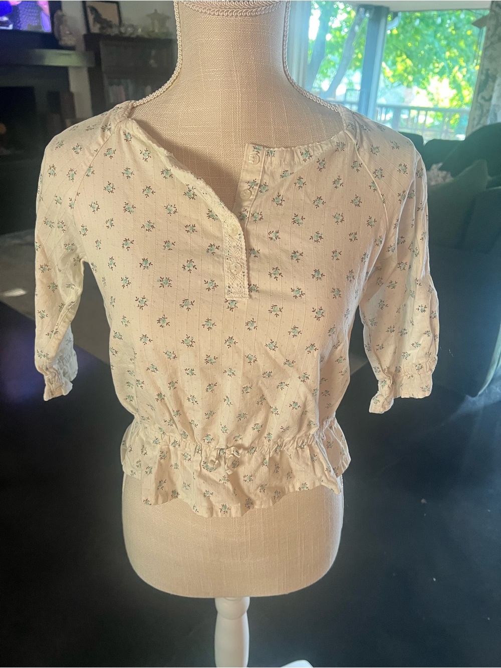 Cream Floral Peasant Blouse with Ruffled Waist